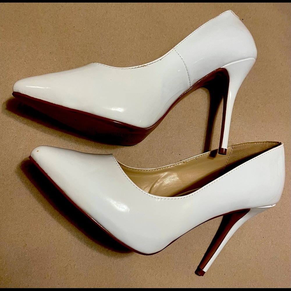 Pleaser white patent heels, Sz 14
